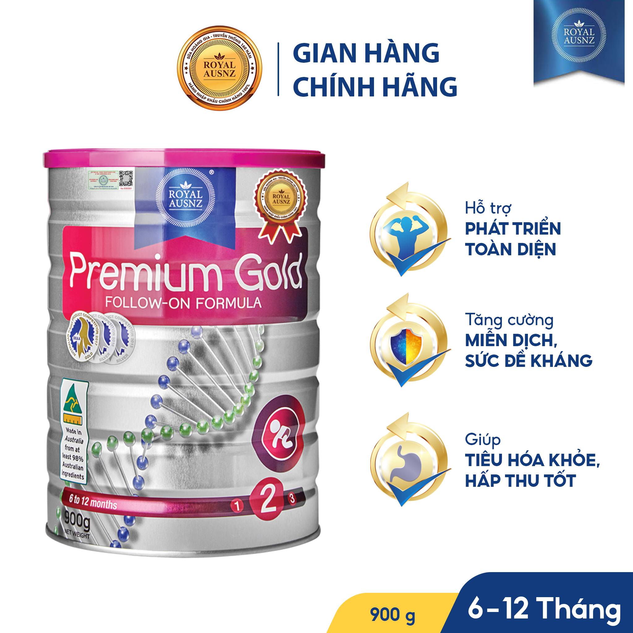 Sữa Bột Hoàng Gia Úc Royal Ausnz Premium Gold Số 2 Bổ Sung Vitamin, Khoáng Chất Cho Trẻ 900G