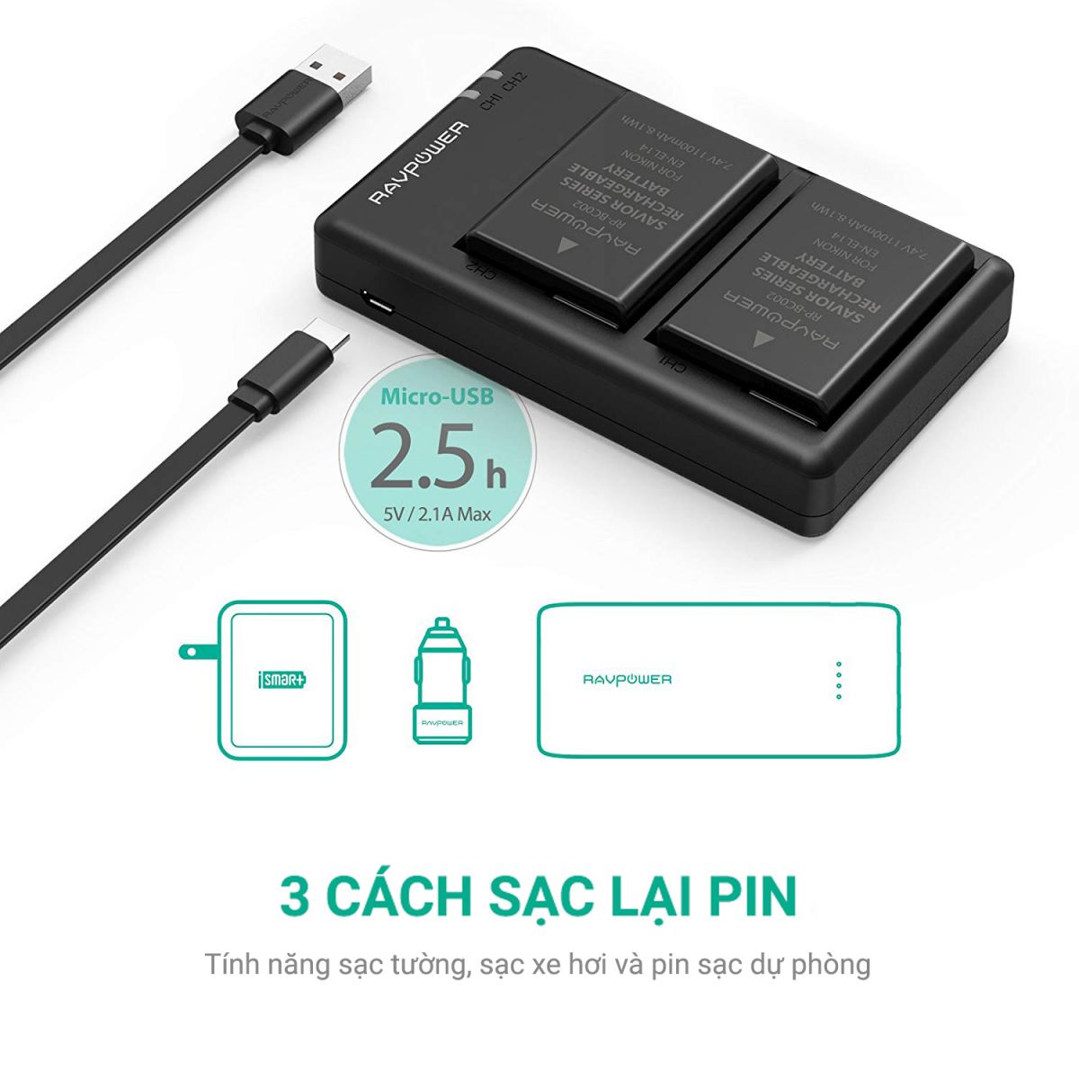 Bộ 2 Pin + 1 Sạc đôi Ravpower EN-EL14 Cho NikoN D3100, D3200, D3300, D3400, D5100, D5200, D5300, D5500, D5600 Coolpix P7000, P7100, P7200, P7700, P7800, P8000 và Nikon DF