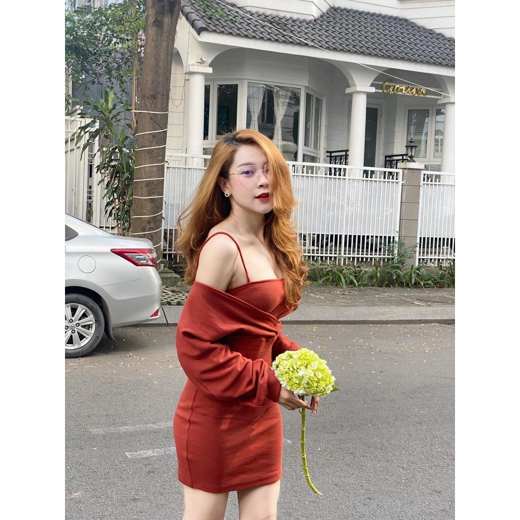 Đầm thun gân tay dài trễ vai