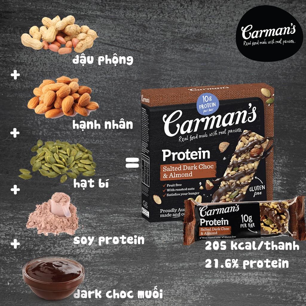 Thanh Giàu Đạm Socola Đen, Hạnh Nhân Carman's - Protein Bar Salted Dark Choc & Almond hộp 200g