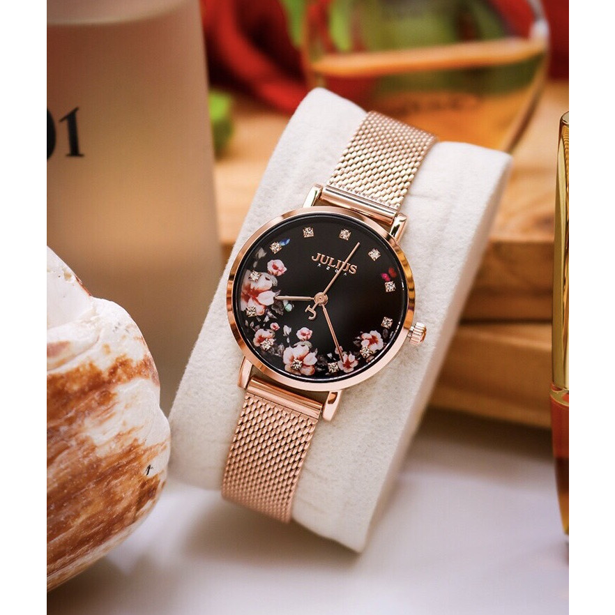 Đồng Hồ Nữ Julius Hàn Quốc JA1164G Mặt In Hoa Dây Thép Màu Đồng