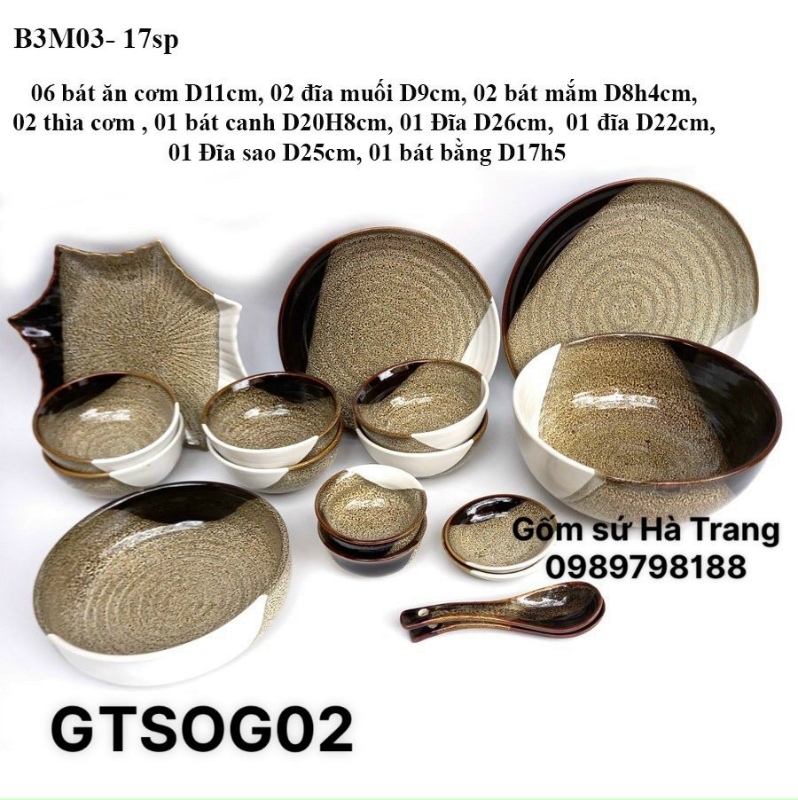 Bộ bát đĩa gốm sứ Bát Tràng cao cấp men hoả  biến gấm tam sắc GTSOG002