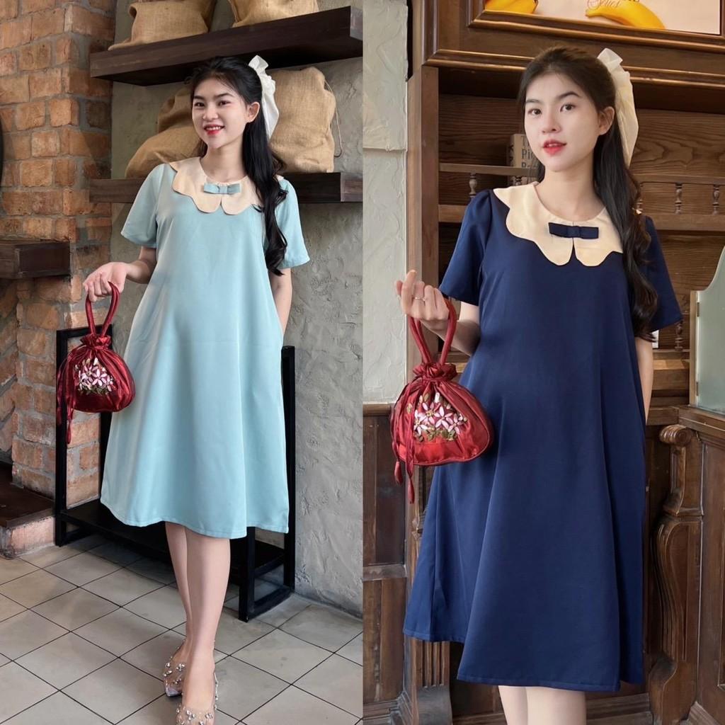 Đầm bầu công sở cổ sen phối nơ chất cotton lạnh phom suông gọn dáng thanh lịch - Xanh đậu