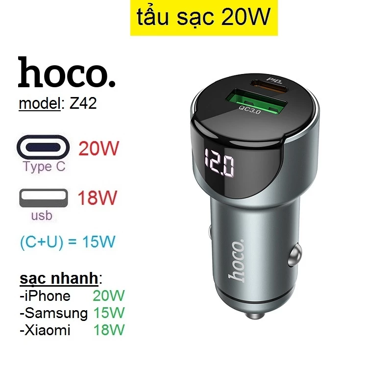 Tẩu sạc 20W (Type C + USB) Hoco Z42 sạc nhanh cho điện thoại Samsung/ iP Hàng chính hãng