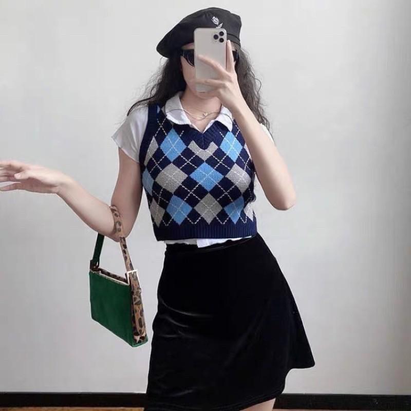 Set áo polo mix gile crotop kẻ caro Ulzzang 2021