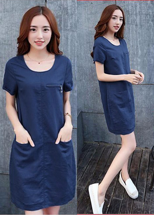 Đầm Jean Nữ Dây Kéo Ngang Phối Túi Thời Trang