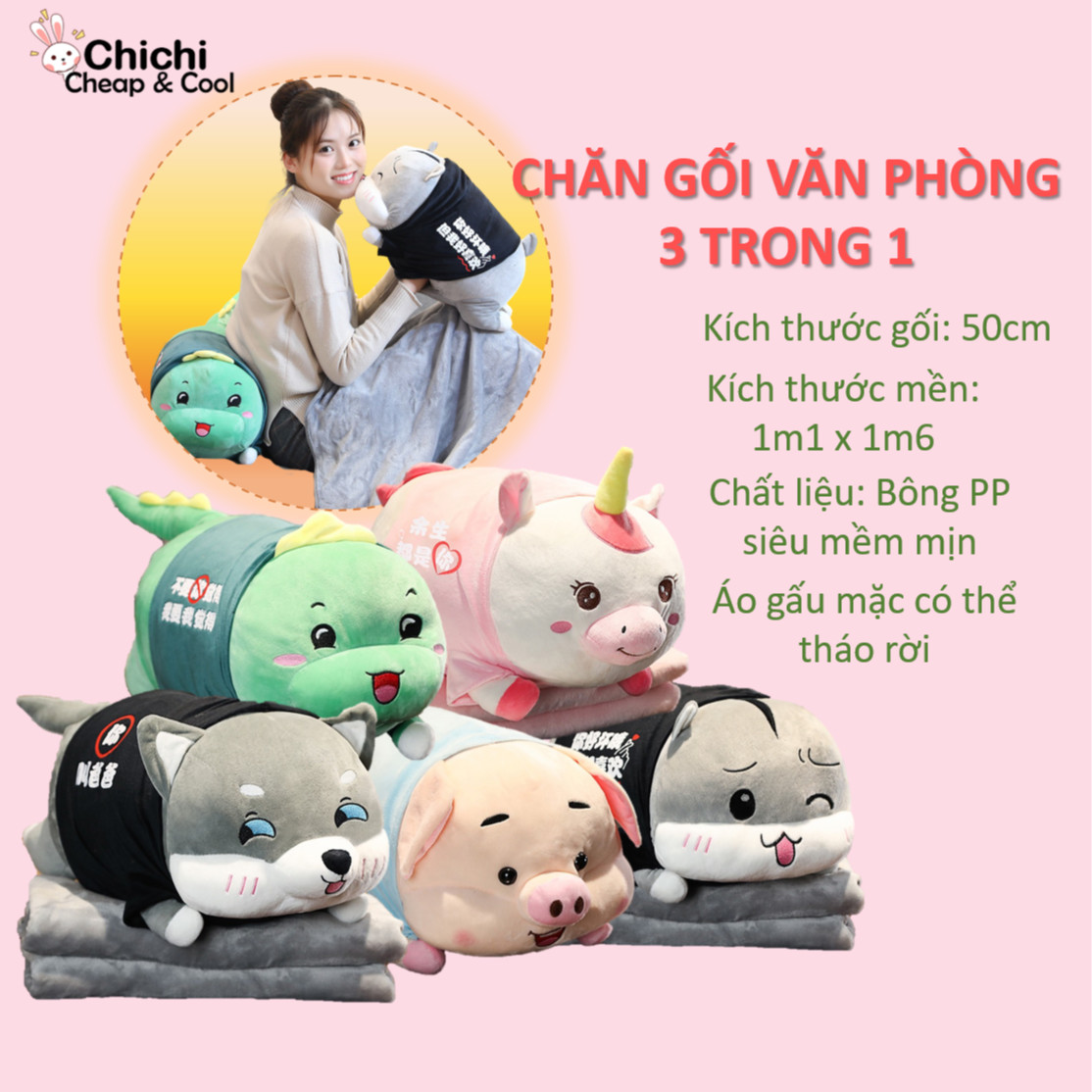 Chăn Gối Văn Phòng 3 Trong 1 Hình Thú Nằm Đáng Yêu GM042 Chất Liệu Nỉ Nhung Siêu Mềm Mịn, Gấu Kèm Mền tiện lợi