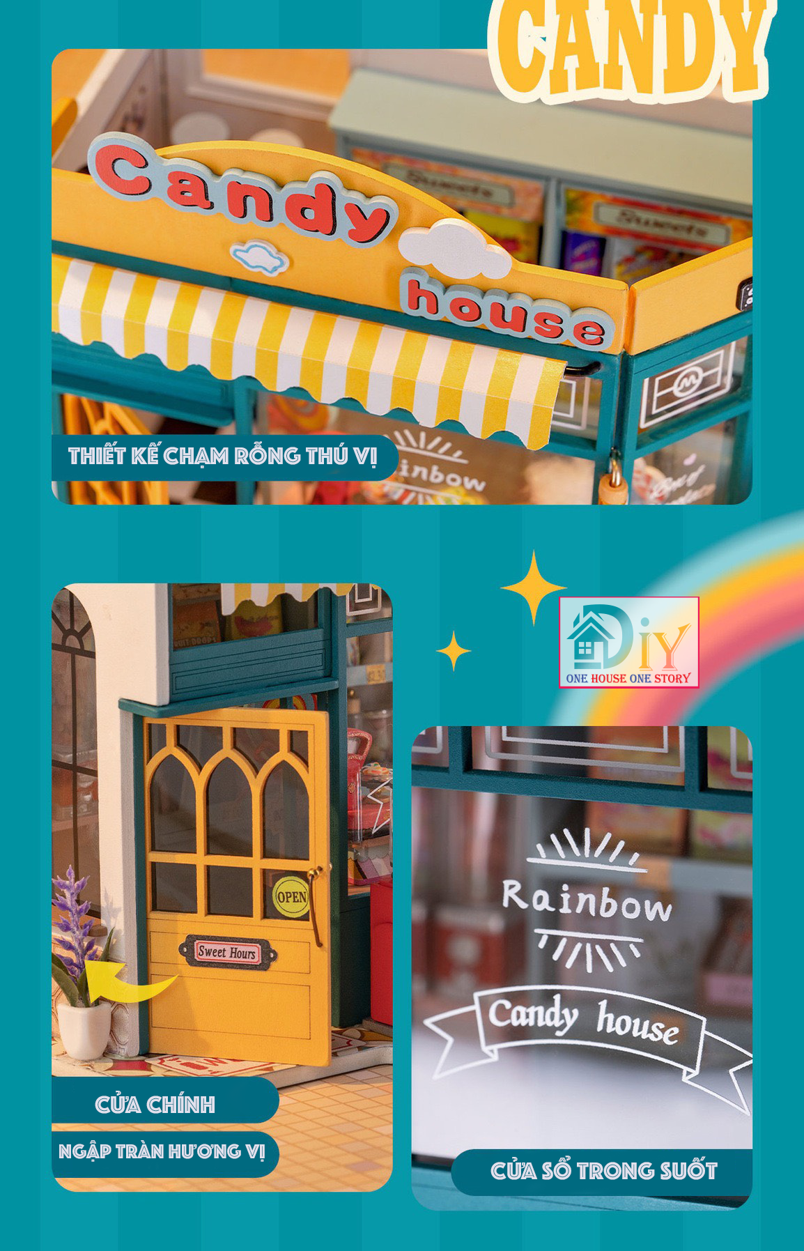 [Bản tiếng Anh]Nhà búp bê Robotime Rolife｜Rainbow Candy House DIY DG158 tự lắp ráp bằng gỗ - Quà tặng giáng sinh