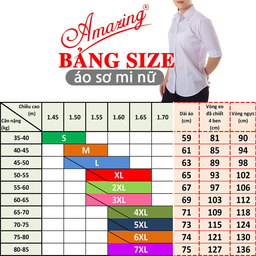 Áo sơ mi nữ Amazing, màu trắng, tay dài, vải KT silk, size từ 40-80kg