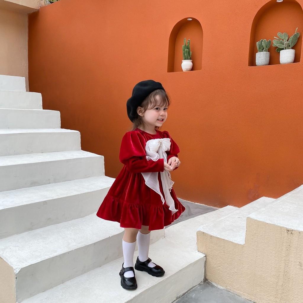 Váy nhung đỏ Cổ Nơ trắng