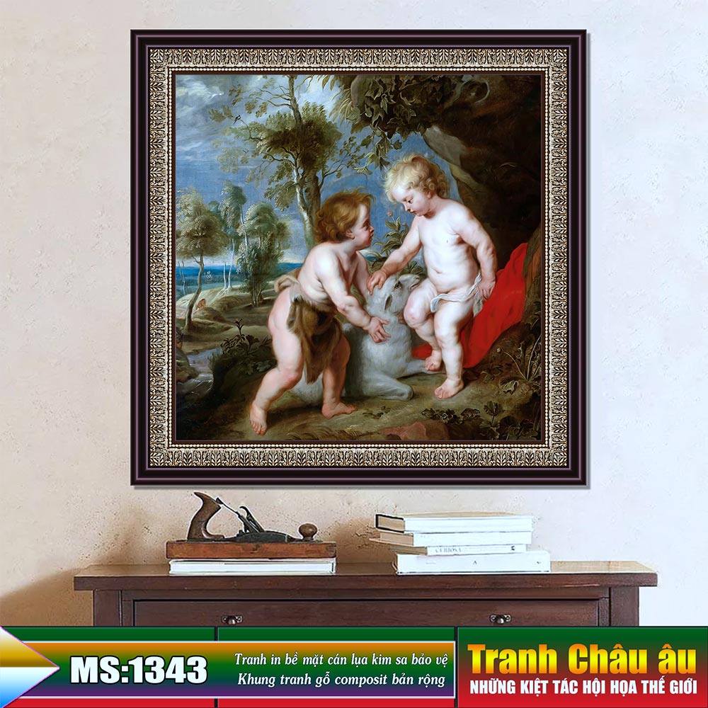 Tranh treo tường Châu âu trang trí phòng khách, phòng ngủ. Bức tranh "The Christ child and boy John - Chúa hài đồng và cậu bé John". MS: 1343