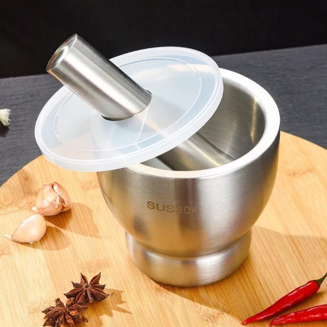 Bộ Cối Chày Inox 304 Có Nắp Đậy Đúc Nguyên Khối, Chày Cối Đâm Tiêu Bằng Inox hàng chính hãng cao cấp không vết hàn - bảo hành trọn đời không han gỉ