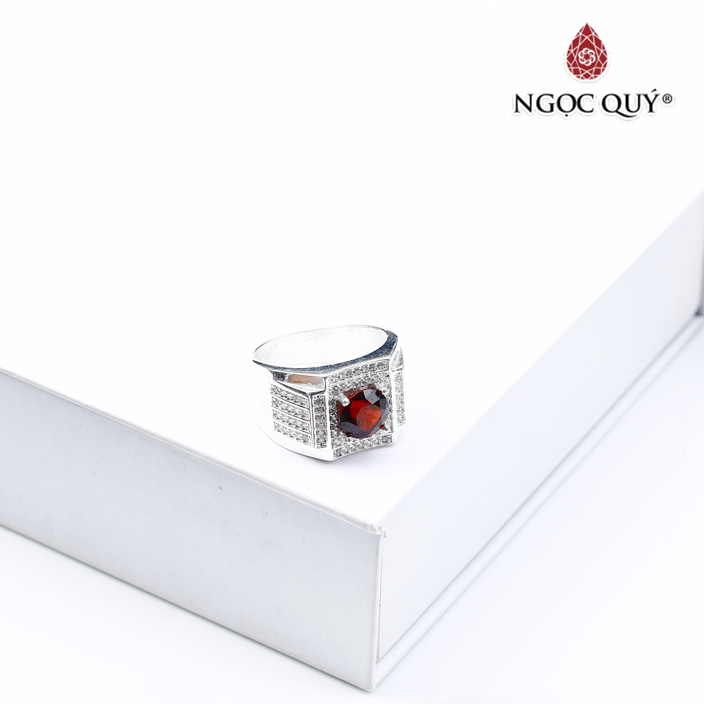 Nhẫn bạc nam mặt đá garnet 20mm mệnh hỏa, thổ - Ngọc Quý Gemstones