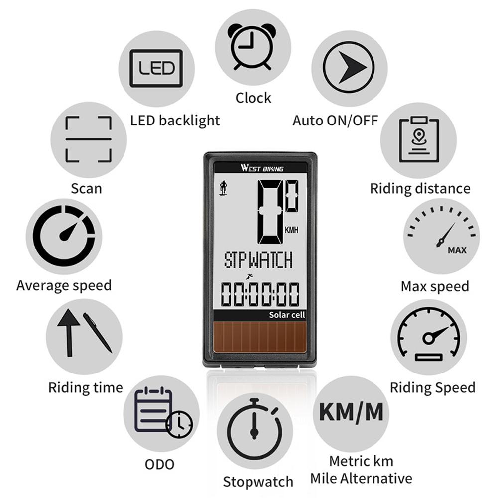 Pin Năng Lượng West Biking Mặt Trời 5 Ngôn Ngữ Đồng Hồ Đo Tốc Độ Chống Nước Dành Cho Xe Đạp