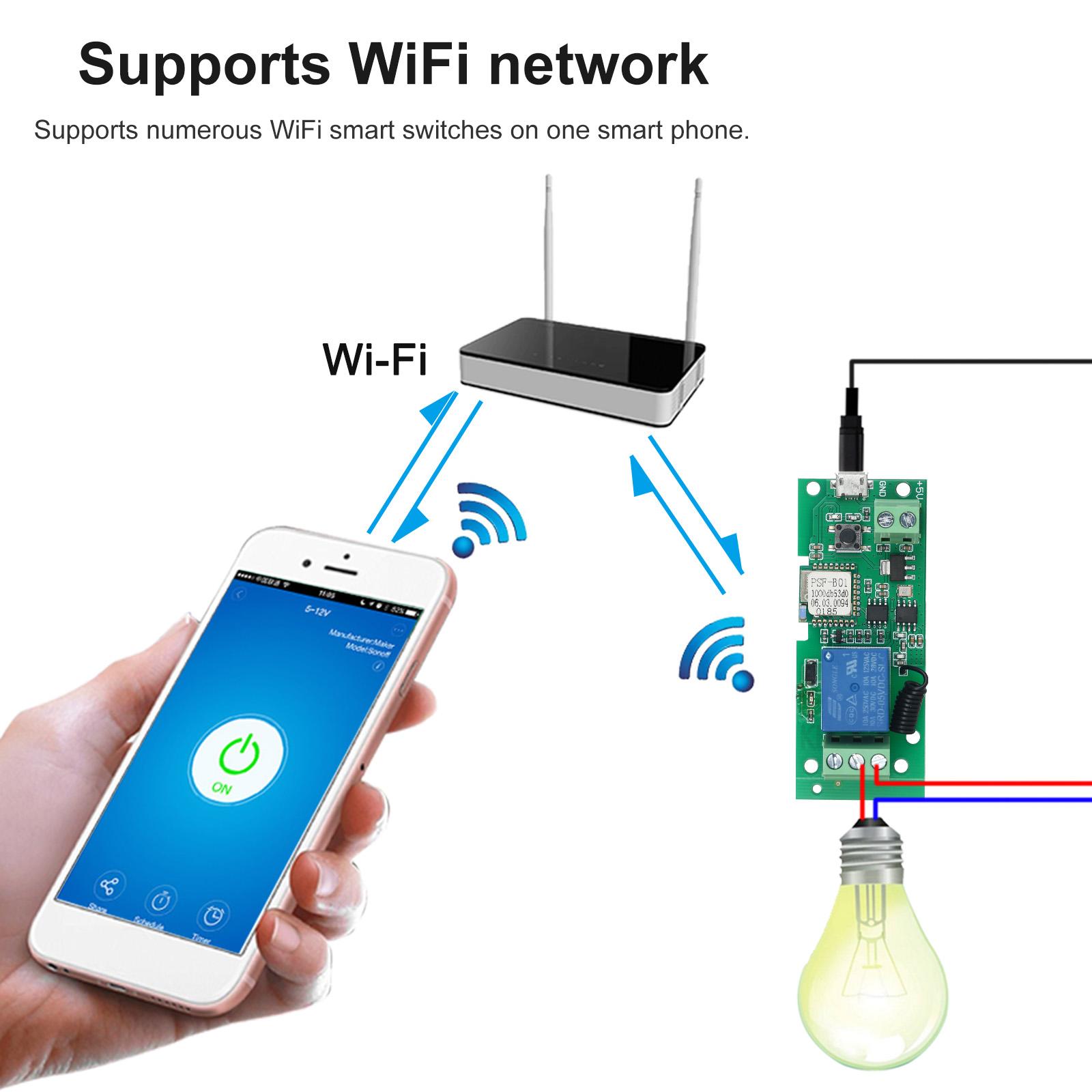 EWeLink USB DC5V Wifi Switch RF 433MHz Wireless Relay Module Smart Home Automation Modules Phone APP Remote Control Timer Switch Alexa Google Home Voice Control for Access Control System Inching/Self-Locking