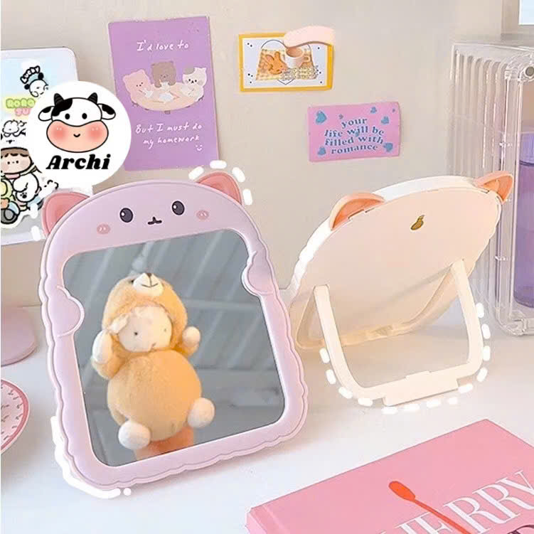 Gương trang điểm để bàn tai gấu, gương decor bàn trang điểm dễ thương