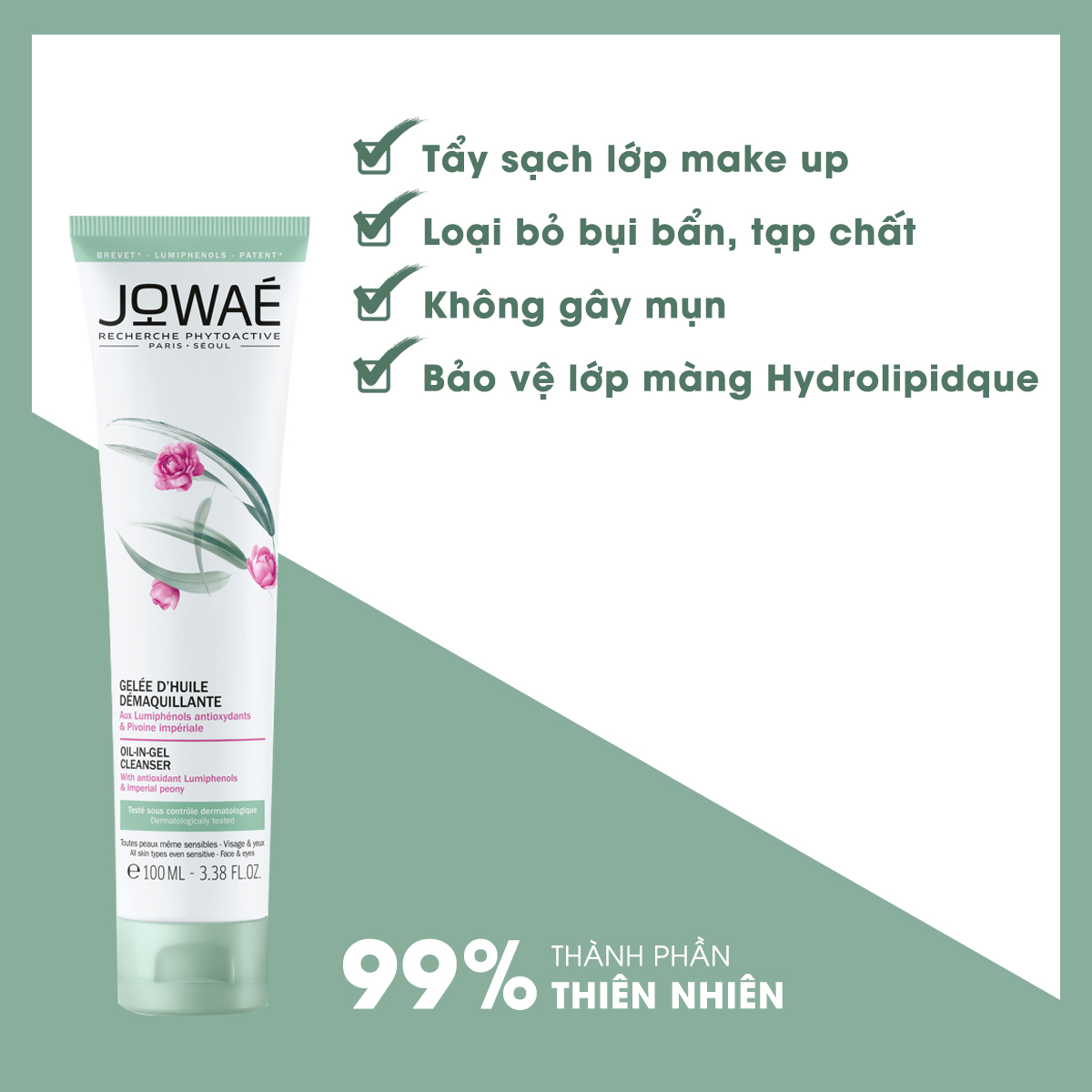 Dầu tẩy trang dạng Gel JOWAE 100ml tẩy sạch make up, bụi bẩn và bã nhờn trên da an toàn không gây mụn với thành phần thiên nhiên sản phẩm Nhập khẩu chính hãng từ Pháp