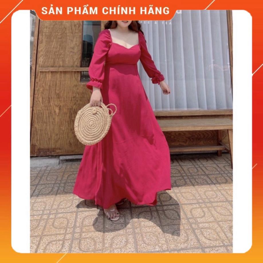 BIGSIZE 50-90KG Đầm maxi đan dây lụa lạnh cổ vuông tay dài xoè dài đan dây lưng hở lưng ngoại cỡ đi biển dự t