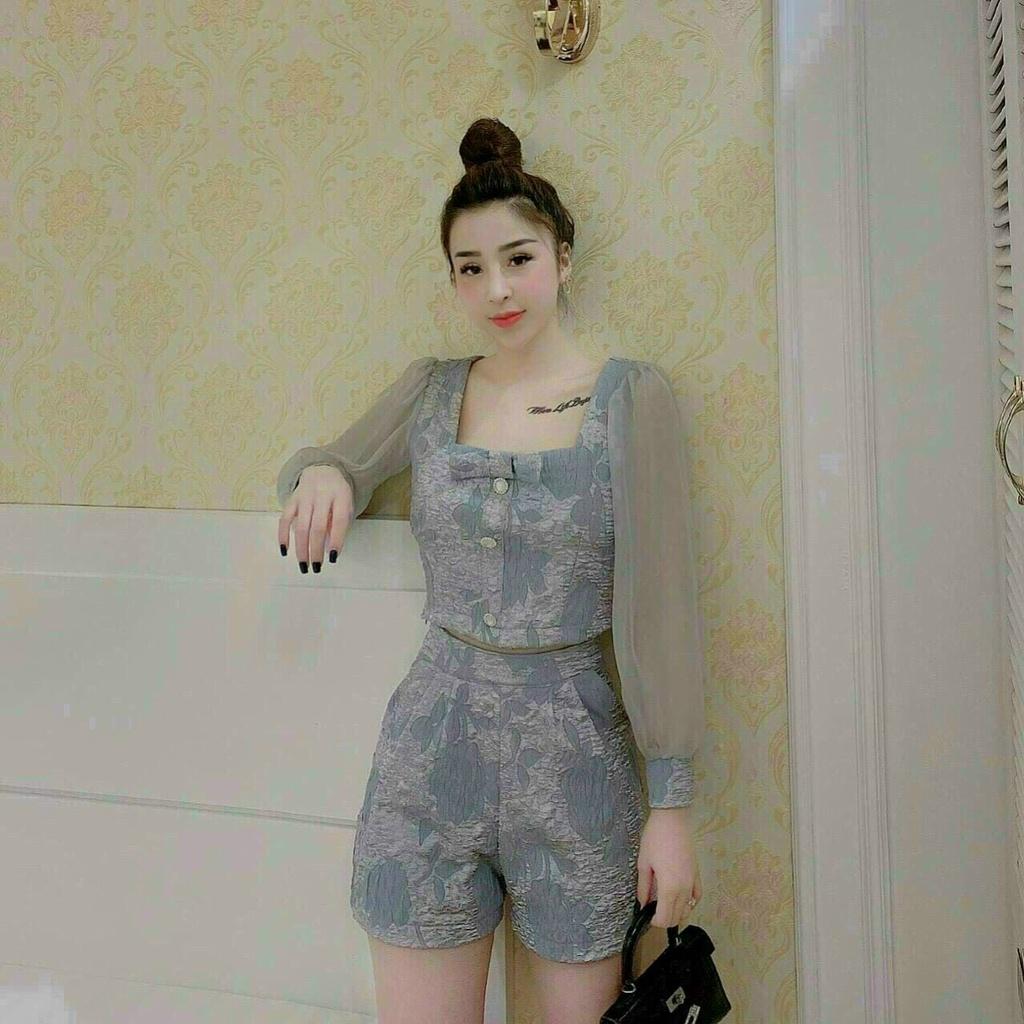 Set bộ đi chơi áo croptop tay dài phối quần đùi phong cách sang chảnh 3 màu xanh, đen, vàng thời trang nữ XM Minh Phúc