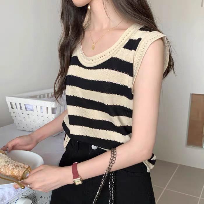 Áo len mongtoghi nữ tay ngắn dệt kim mỏng kiểu cổ tròn kẻ sọc ngang phong cách thời trang hàng Quảng Châu cao cấp