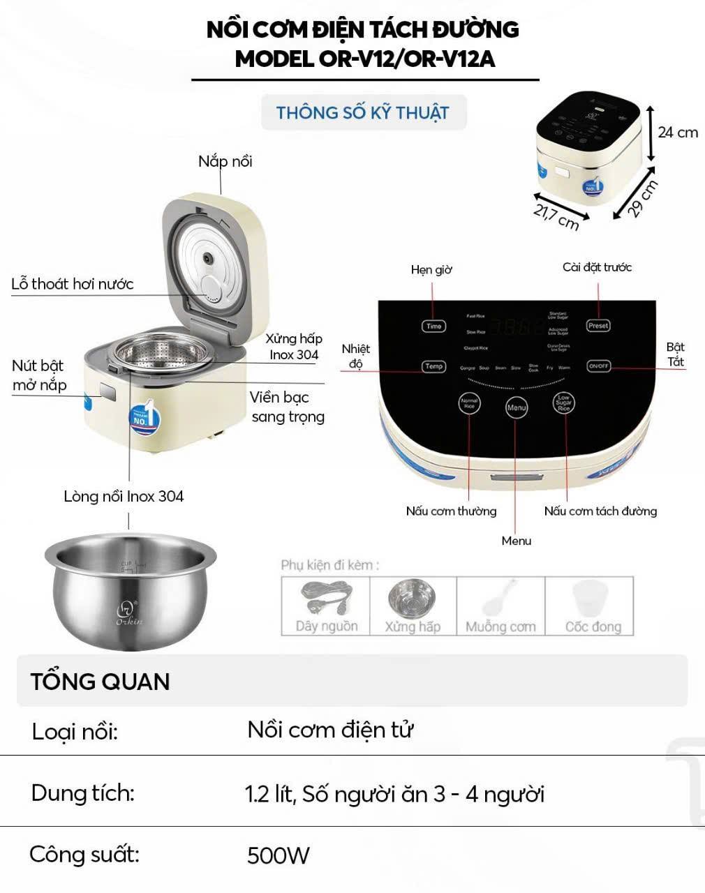 Nồi cơm điện tử tách đường Thái Lan OR-V12 dung tích 1.2L công suất 500W - Hàng chính hãng