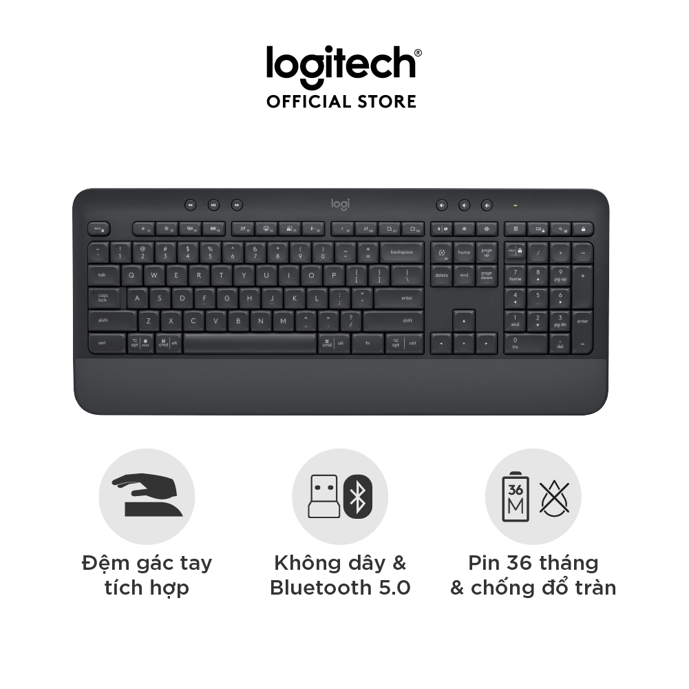 Bàn Phím Không Dây Logitech Signature K650 - Nhỏ gọn, gác tay tích hợp, tương thích Mac , Bluetooth & USB Bolt - Hàng chính hãng