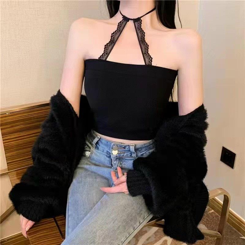 áo yếm dây ren dáng croptop buộc cổ mẫu hot - Áo quây bra kiểu ống tiểu thư ôm body tôn vòng 2 siêu co dãn