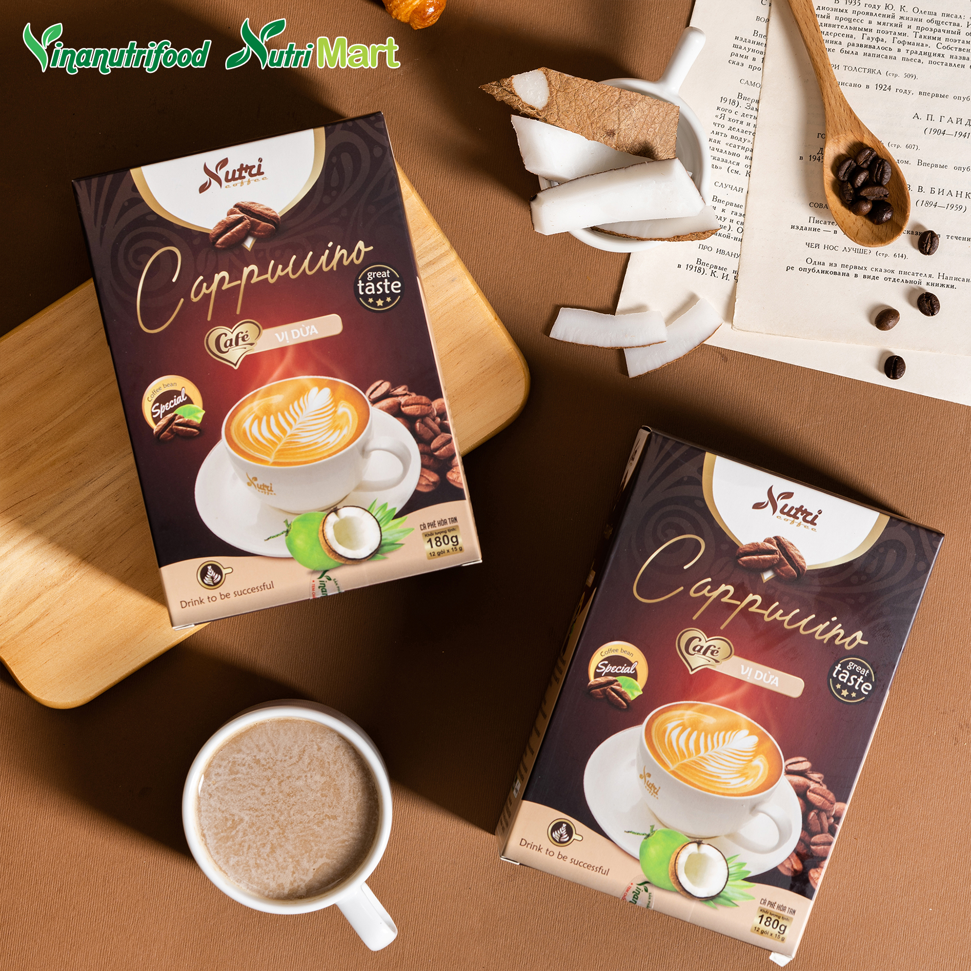 Cà phê capuchino dừa Vinanutrifood C03, cafe có hương vị dừa hảo hạng, tạo nên sự mới mẻ mang đến cảm giác thoải mái, thư thái khi thưởng thức, đảm bảo an toàn thực phẩm đáp ứng đầy đủ tiêu chuẩn GMP - WHO (15g x 12 gói)
