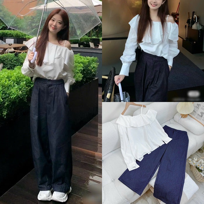 SET ÁO DÂY TRỄ VAI SƠ MI BÈO RỘNG TRẮNG + QUẦN DÀI ỐNG RỘNG LƯNG CAO SUÔNG ĐỨNG JEANS ĐI CHƠI DẠO PHỐ ĐI TIỆC ĐI BIỂN