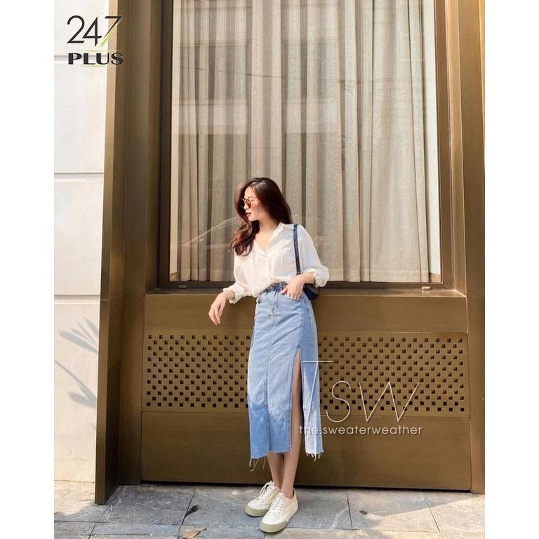 Chân váy bò dài xẻ chân cạp cao tôn dáng