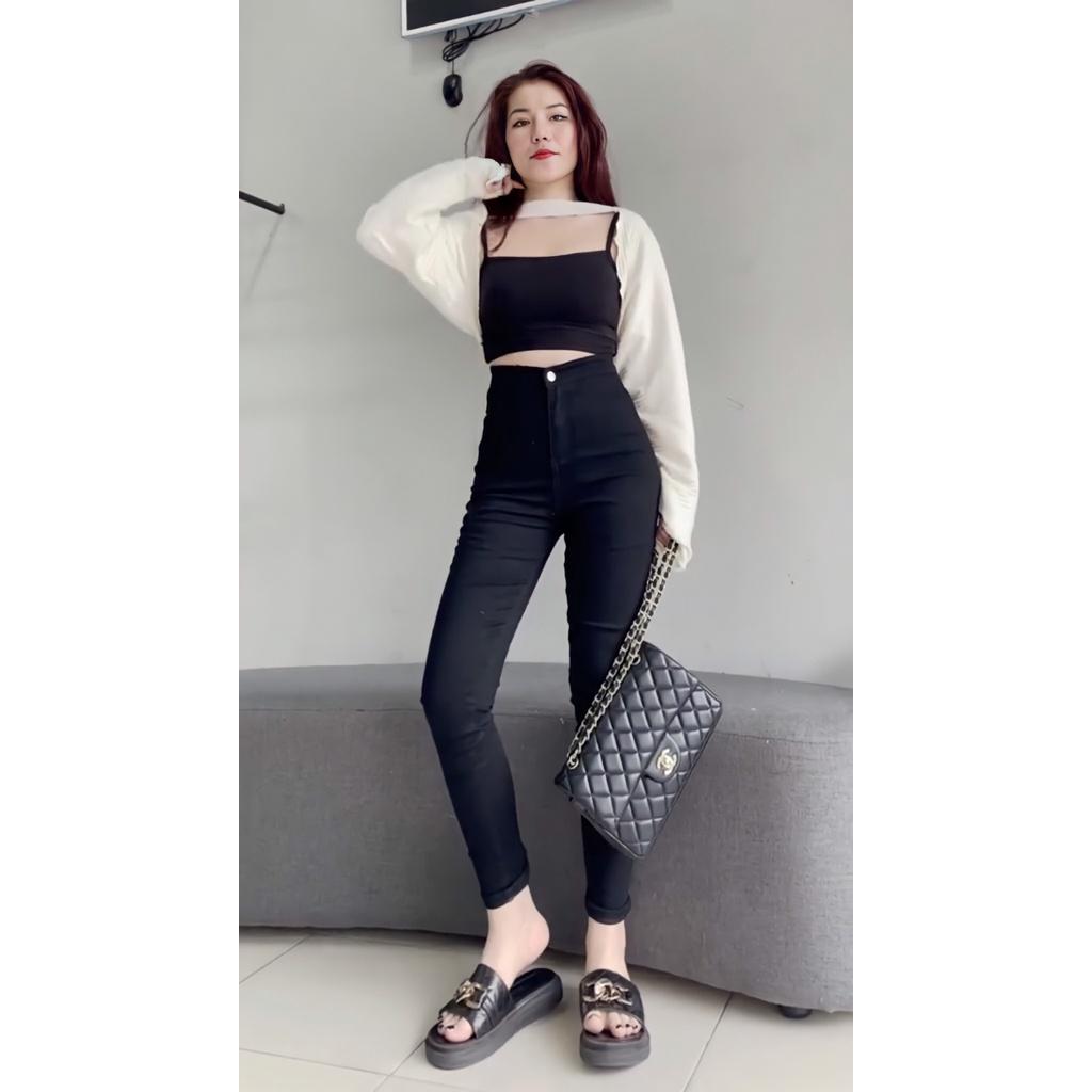 Quần jean nữ lưng cao co giãn không túi ( trắng , đen ) HDSHOP , quần bò cạp cao skinny jeans dáng ôm trơn dài