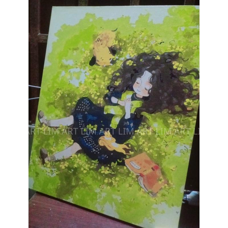 Tranh sơn dầu số hoá có khung LIM Art- Tranh tô màu theo số cô bé tóc xù độc thân Aeppol Forest Girl