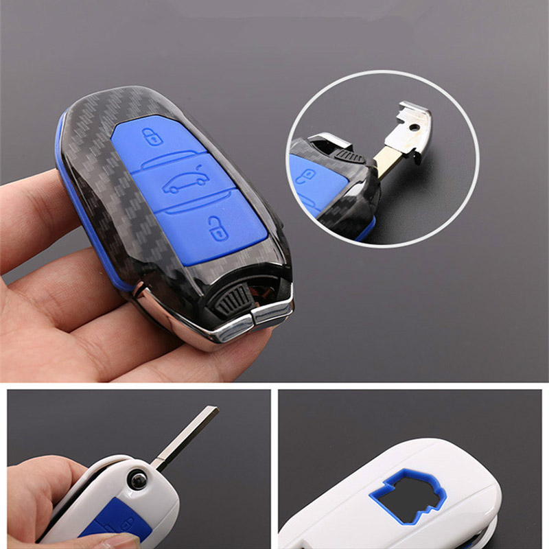 Ốp nhựa carbon lót silicon bảo vệ chìa khóa xe Peugeot 5008 kèm móc đeo INOX