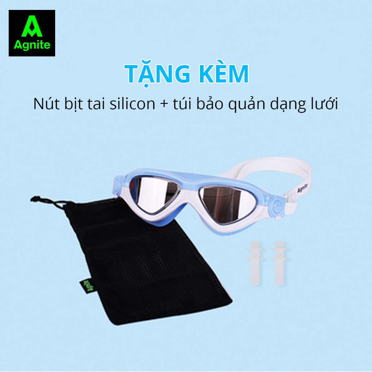 Kính Bơi Trẻ Em Bé Trai Bé Gái Chống Sương Mù Bảo Vệ Mắt Kèm Nút Tai Túi Đựng Agnite - Dây Đeo Silicone Mềm Mại, Thoải Mái - Phù Hợp Cho Bé - F6140
