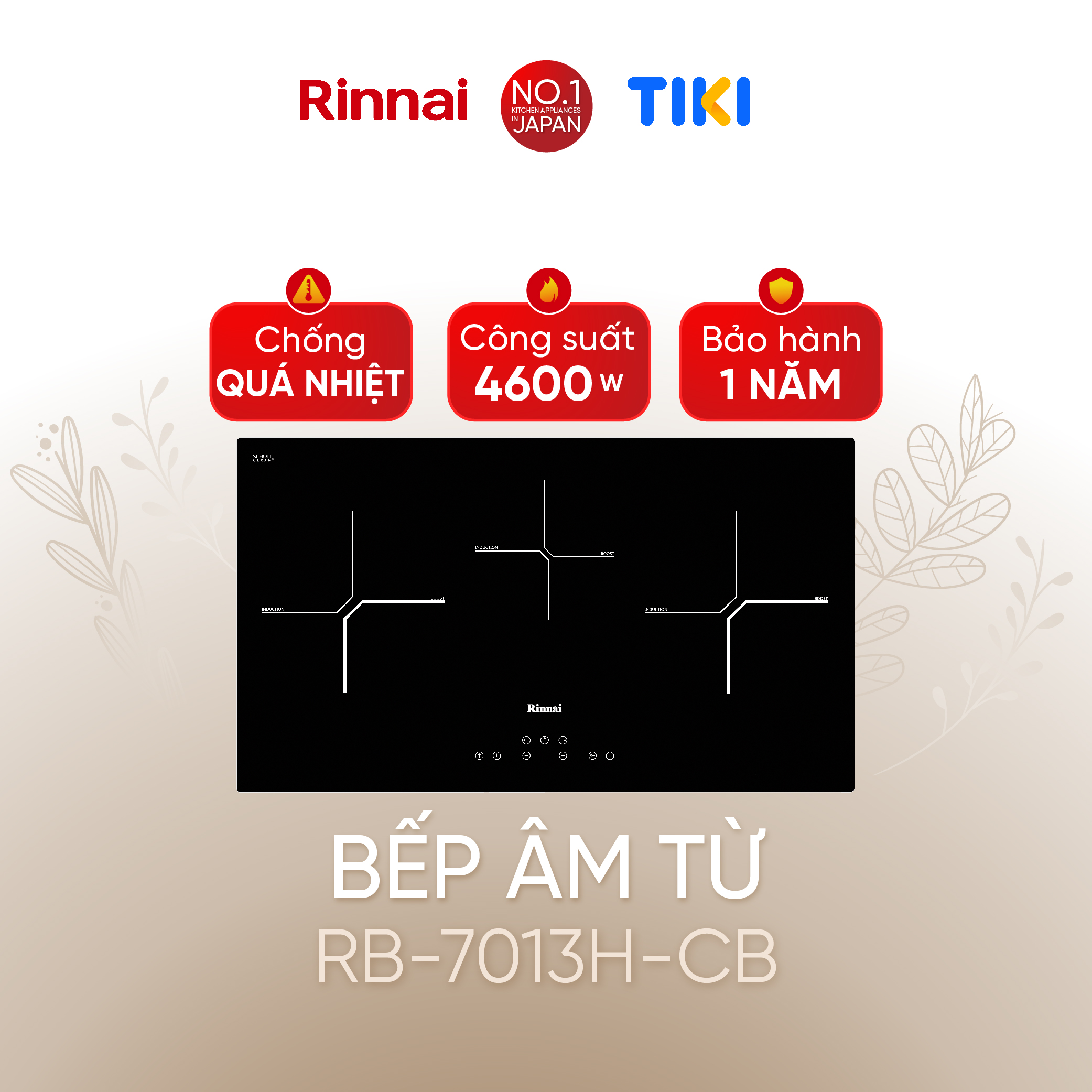 Bếp từ Rinnai RB-7013H-CB mặt kính Schott 4600W - Hàng chính hãng.