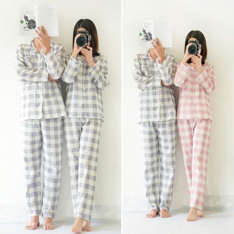Bộ đồ pyjama nữ dài tay vải xô nhật họa tiết kẻ caro lớn (C341