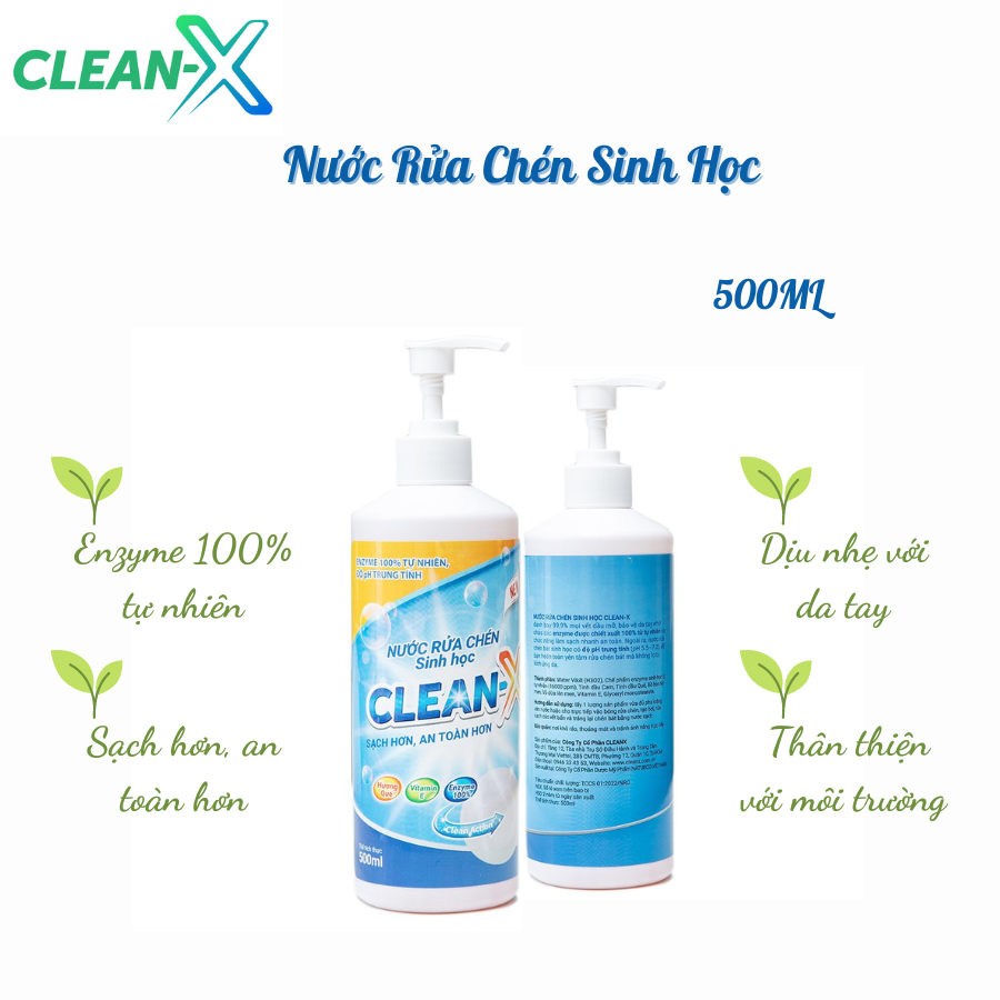 NƯỚC RỬA CHÉN BÁT SINH HỌC CLEANX 500ml - COMBO 5 CHAI 500ml