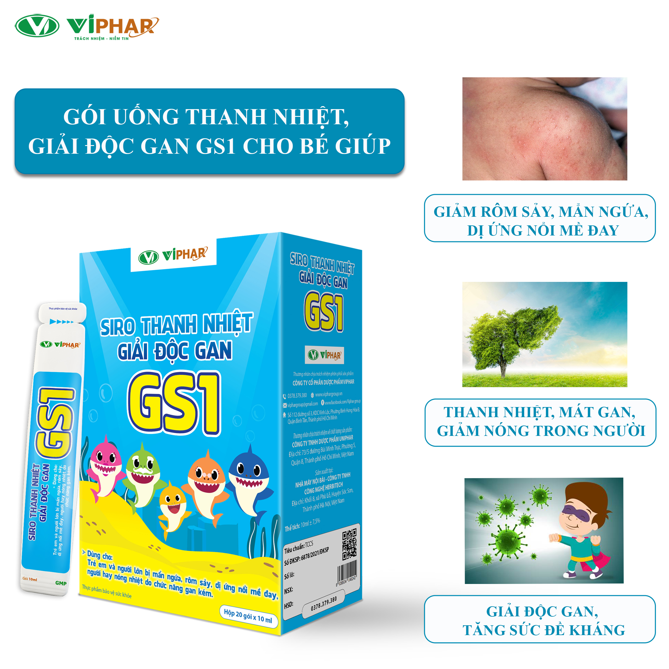 Gói Uống Thanh Nhiệt, Giải Độc Mát Gan, Giảm Rôm Sảy, Mẫn Ngứa, Mề Đay GS1 VIPHAR Hộp 20 Gói 10 Ml