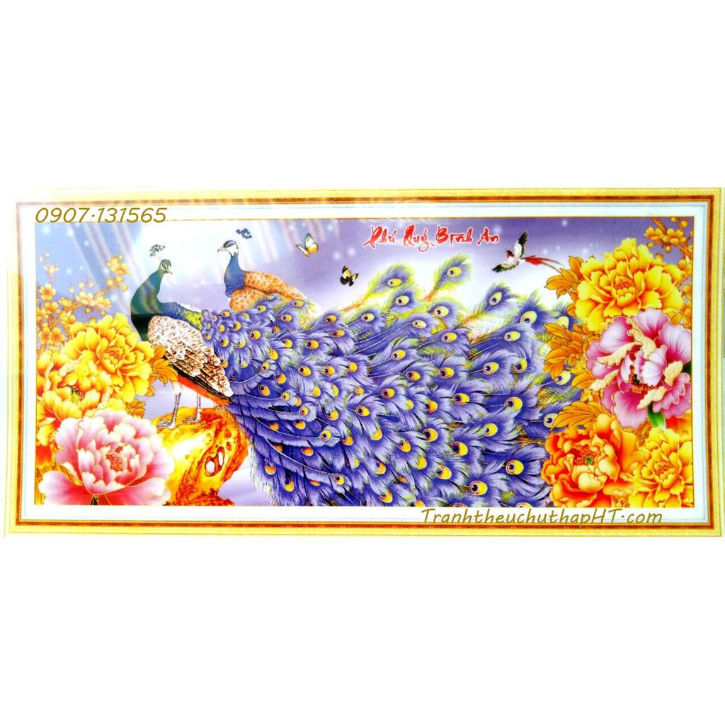 Tranh đính đá đôi chim công Phú quý bình an 115*52cm