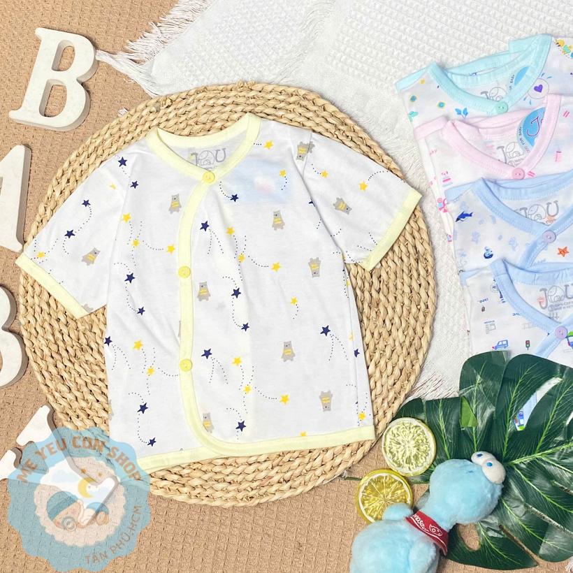 (J10TN) Áo Cài Xéo Họa Tiết Ngắn Tay Chất Cotton Cho Bé Sơ Sinh 3-9kg - Hãng JOU - HỒNG ((HỌA TIẾT )