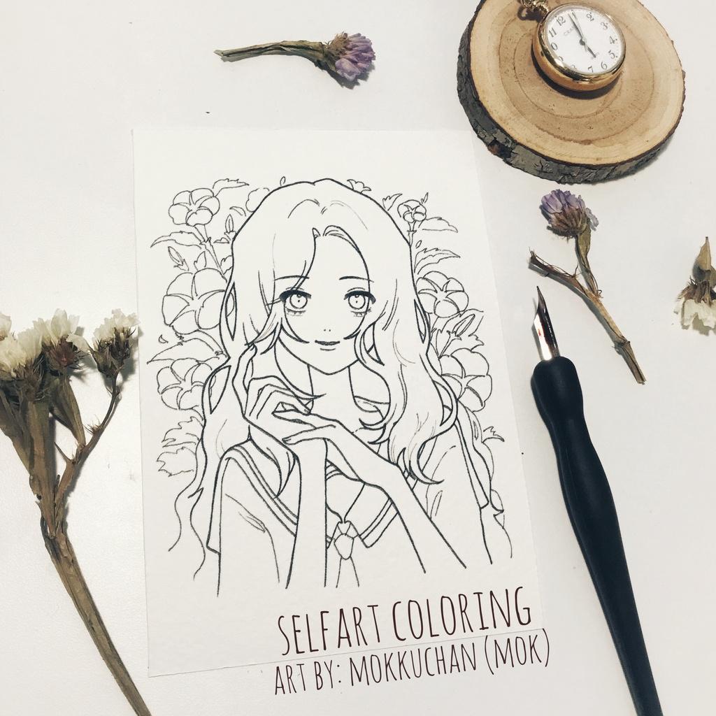 Tranh tô màu "Girl with flower" - MOK - 3 tranh - Self Art coldpress 300gsm
