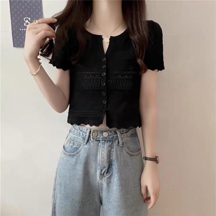 Áo len mongtoghi nữ croptop tay ngắn dệt kim họa tiết kiểu cổ V thời trang phong cách hàng Quảng Châu cao cấp