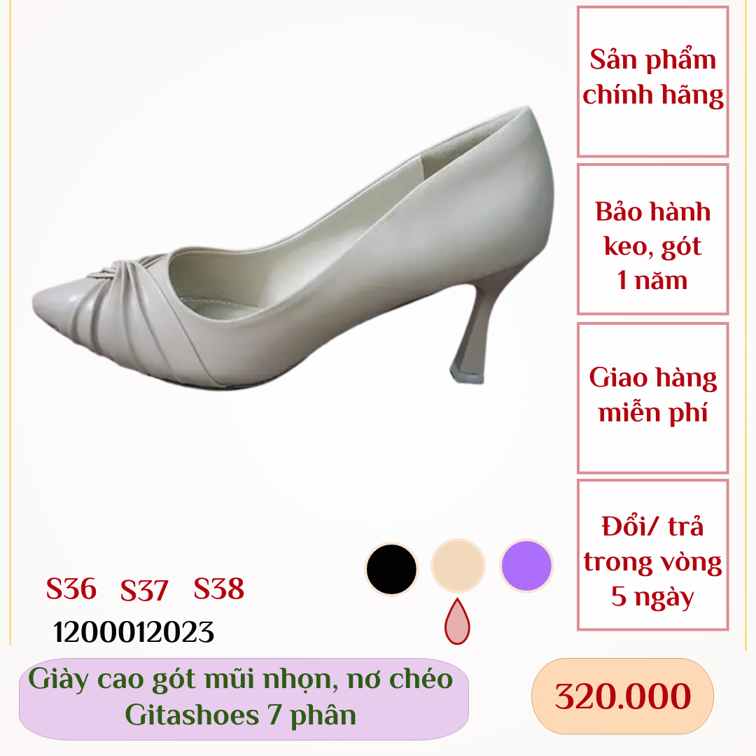 Giày cao gót mũi nhọn, nơ chéo Gitashoes 7 phân- 1200012023