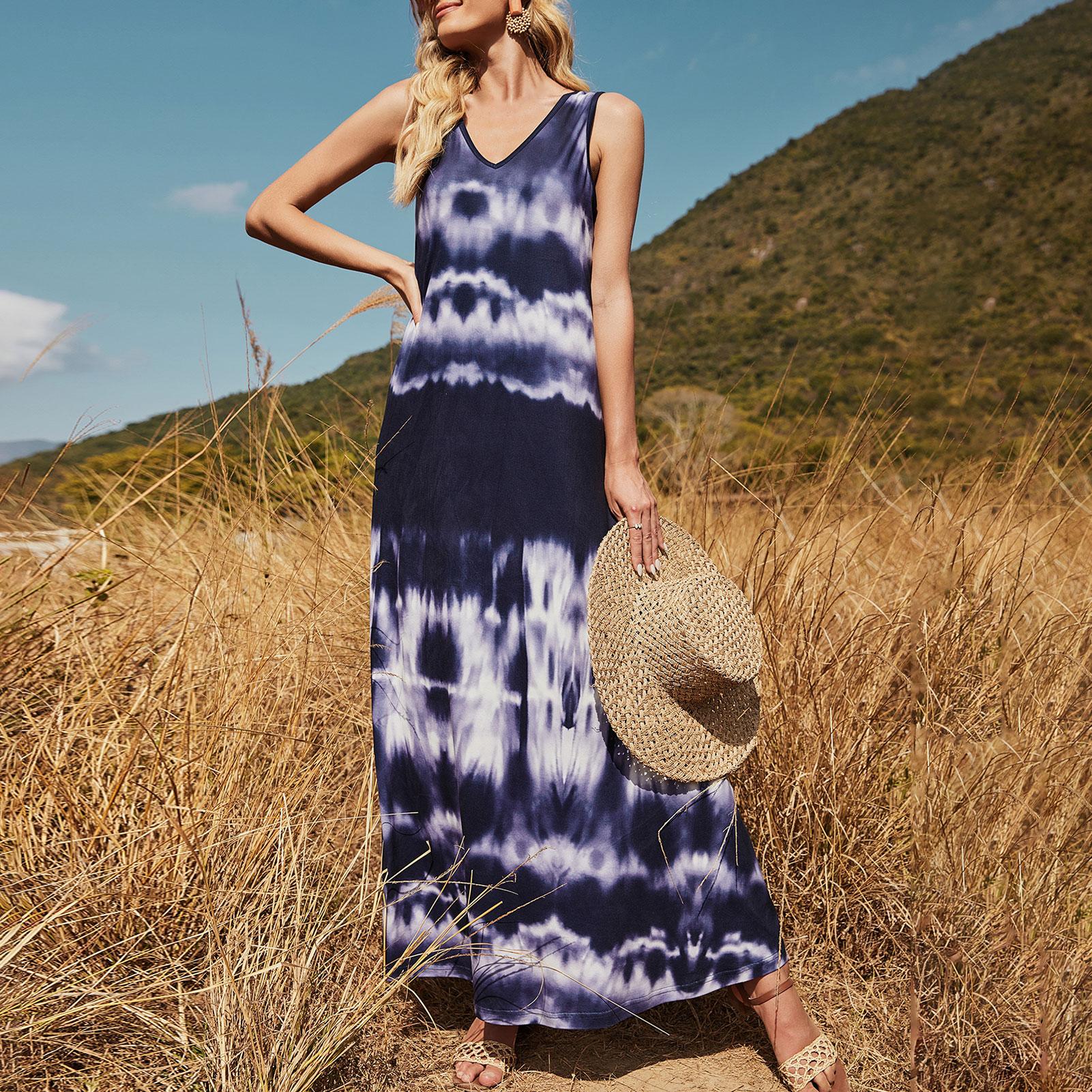 Fashion Women Beach Dress V-neck Sleeveless Printing Loose A-line Long Dress