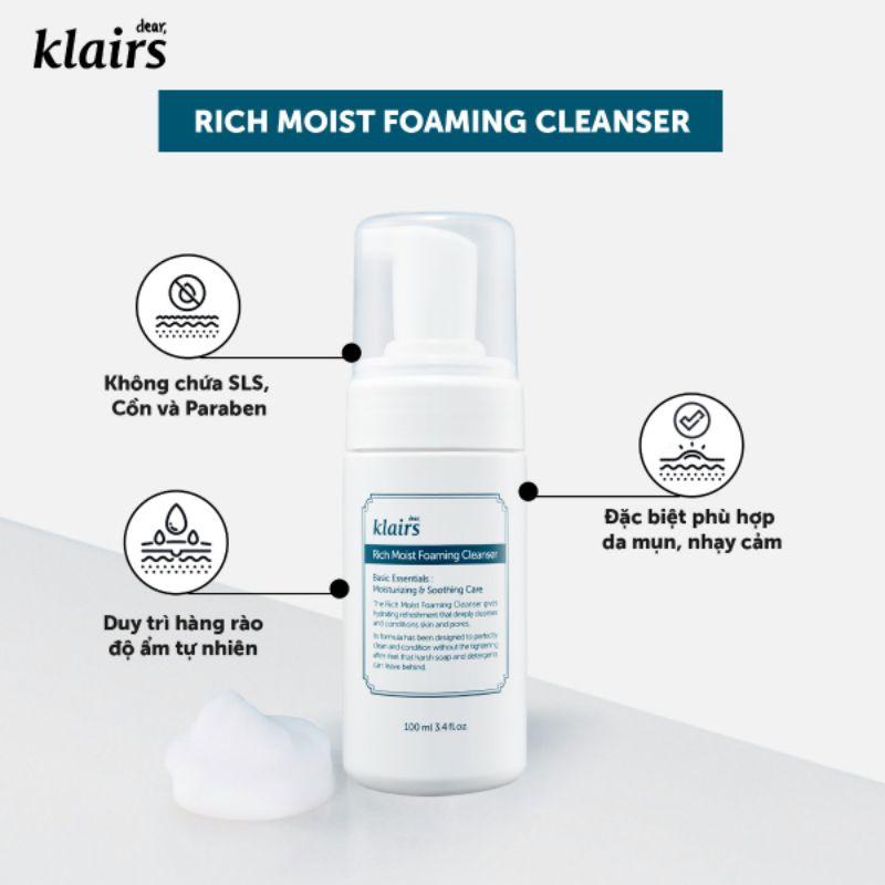 Sữa rửa mặt dạng bọt Klairs Rich Moist Foaming Cleanser 100ml - dưỡng ẩm, làm mềm da