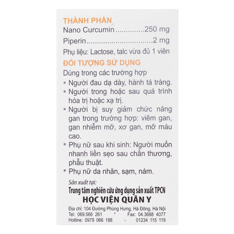 Thực Phẩm Chức Năng Nanocurcumin Học Viện Quân Y (Hộp 30 Viên)