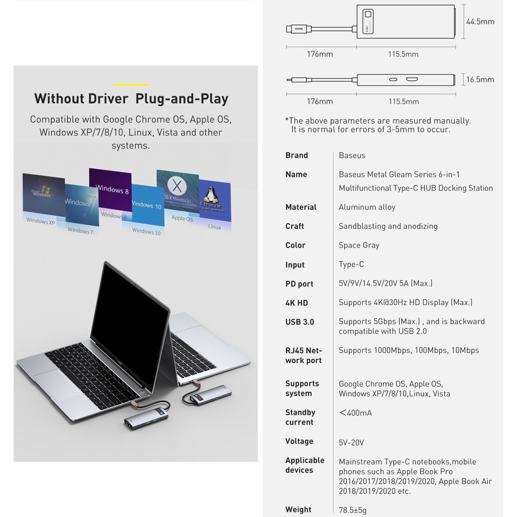 Hub / Bộ chia cổng Type-C đa năng 6 trong 1 Baseus Metal Gleam Series CAHUB-CW0G - Hàng chính hãng