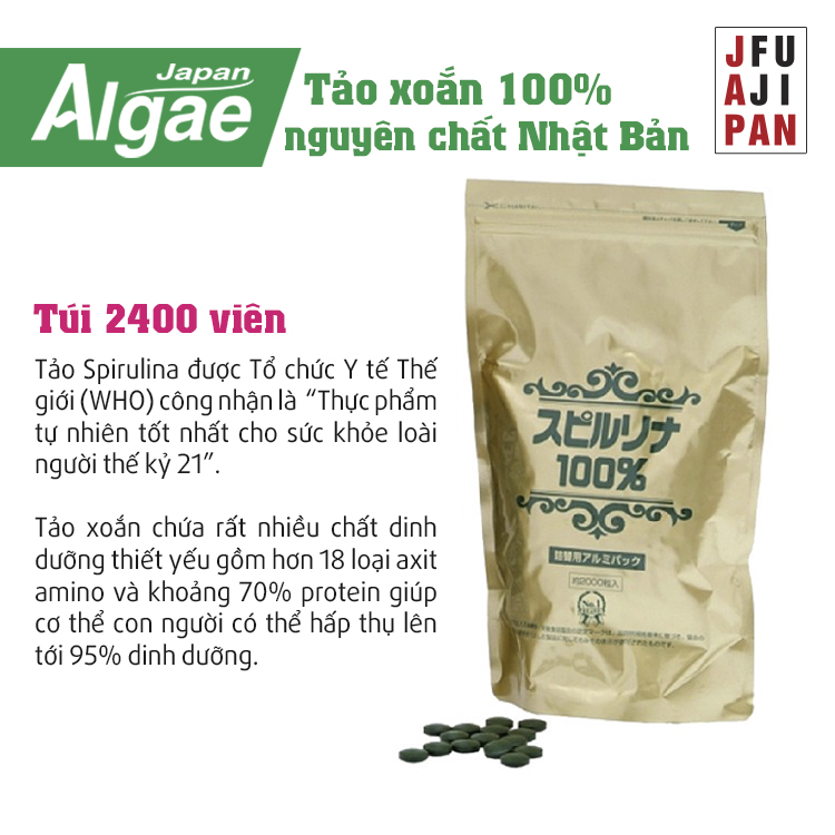 Viên uống tảo xoắn Spirulina Algae 100% nguyên chất nội địa Nhật hũ 2200 viên