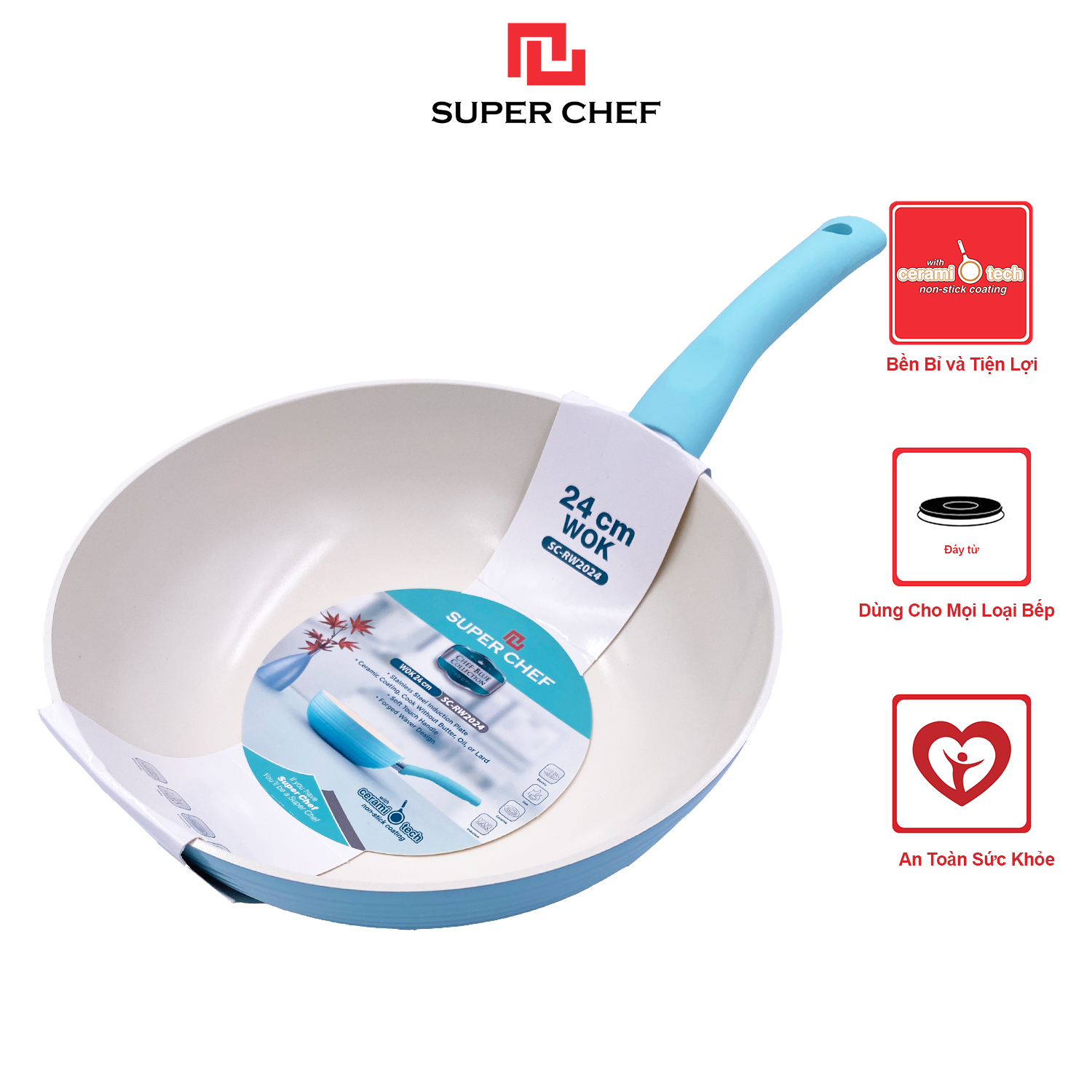 Chảo Xào Chống Dính Ceramic Đáy Từ Chef Blue Thiết Kế Vân Sóng Mới, Sang Trọng Đảm Bảo An Toàn Sức Khỏe, Siêu Bền Bỉ, Không Bong Tróc Size 24cm