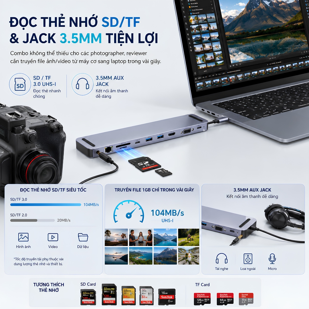 Hub Type-C PD 100W chuyển đa năng DockSphere Pro kiêm giá đỡ Choetech M20 Docking Station 11 in 1 USB-C cho Macbook/Laptop - HDMI 4K, VGA, PD 100W, RJ45 Gigabit, USB 3.0 5Gbps, SD/TF, AUX 3.5mm Vỏ nhôm, tối ưu tản nhiệt - Hàng nhập khẩu
